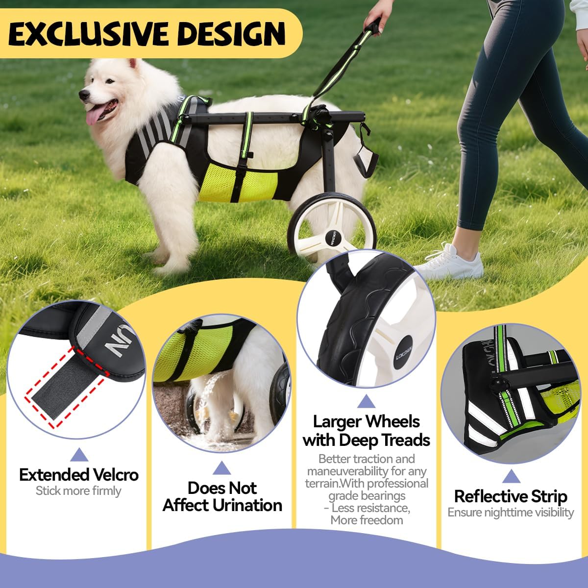 Dog Wheelchair for Back Legs Large Small, Newly Wheelchair for Dogs, Adjustable Dog Carts with Wheels for Disabled Hind Legs, Waterproof, with LED, Leash, Angle-Adjustable Wheels