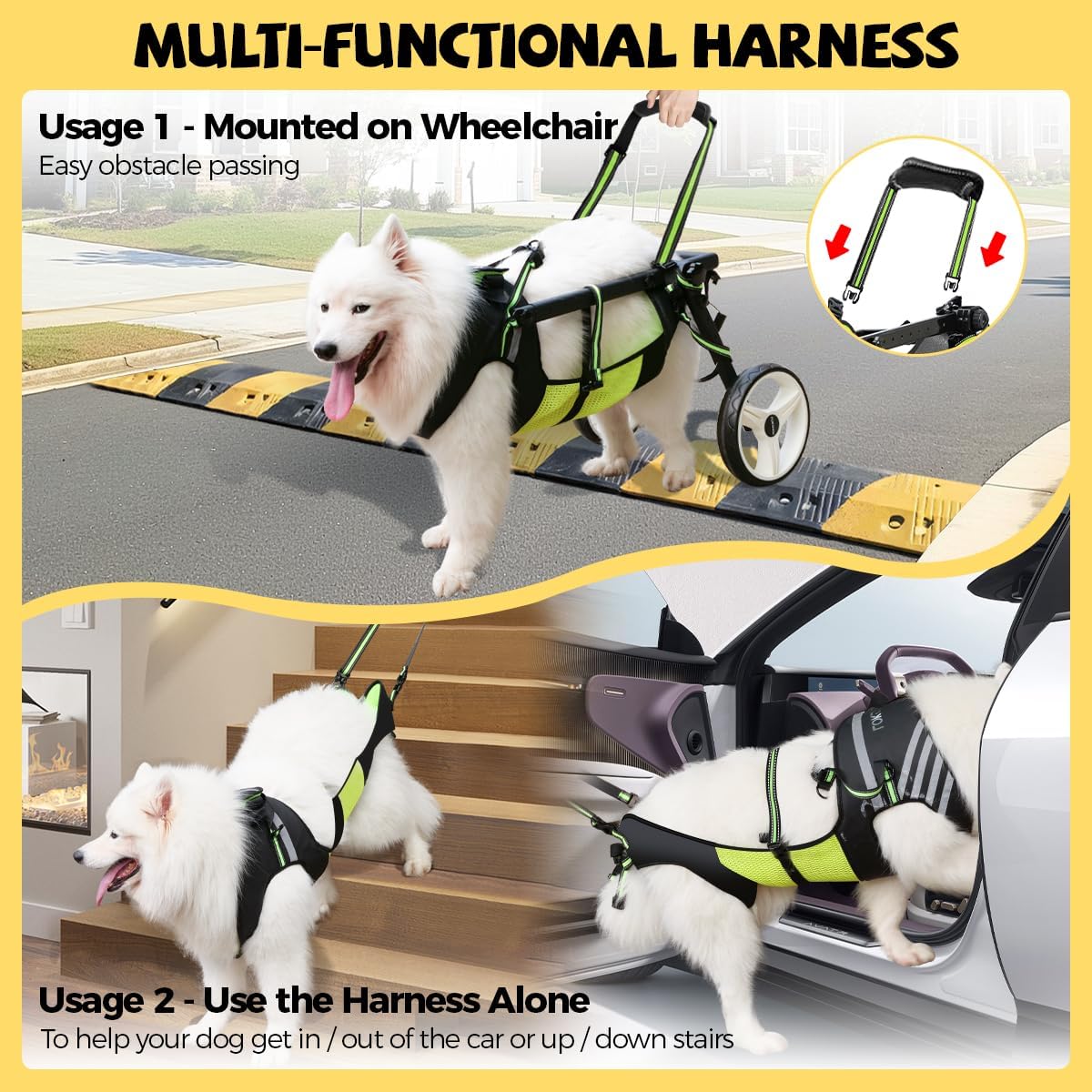Dog Wheelchair for Back Legs Large Small, Newly Wheelchair for Dogs, Adjustable Dog Carts with Wheels for Disabled Hind Legs, Waterproof, with LED, Leash, Angle-Adjustable Wheels