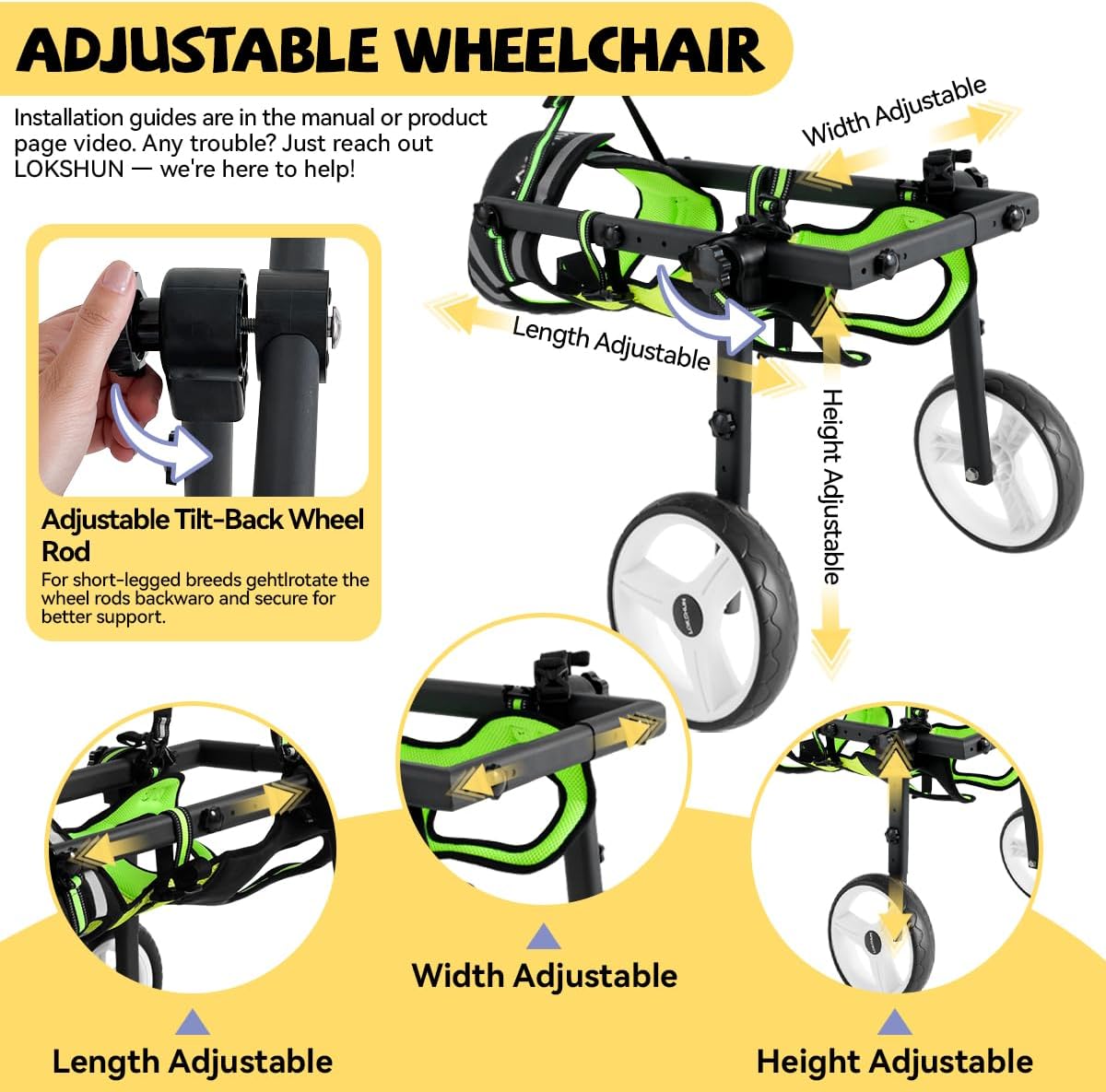 Dog Wheelchair for Back Legs Large Small, Newly Wheelchair for Dogs, Adjustable Dog Carts with Wheels for Disabled Hind Legs, Waterproof, with LED, Leash, Angle-Adjustable Wheels